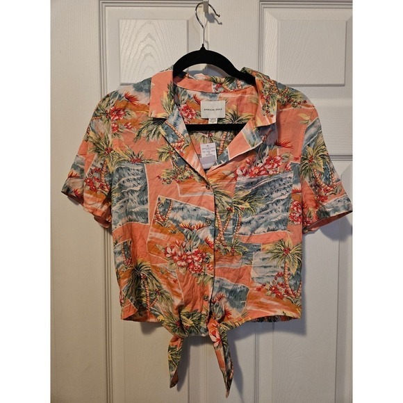 NWT American Eagle Tie Front Shirt S Pink Tropical Aloha Print Vacation Resort - Picture 4 of 7
